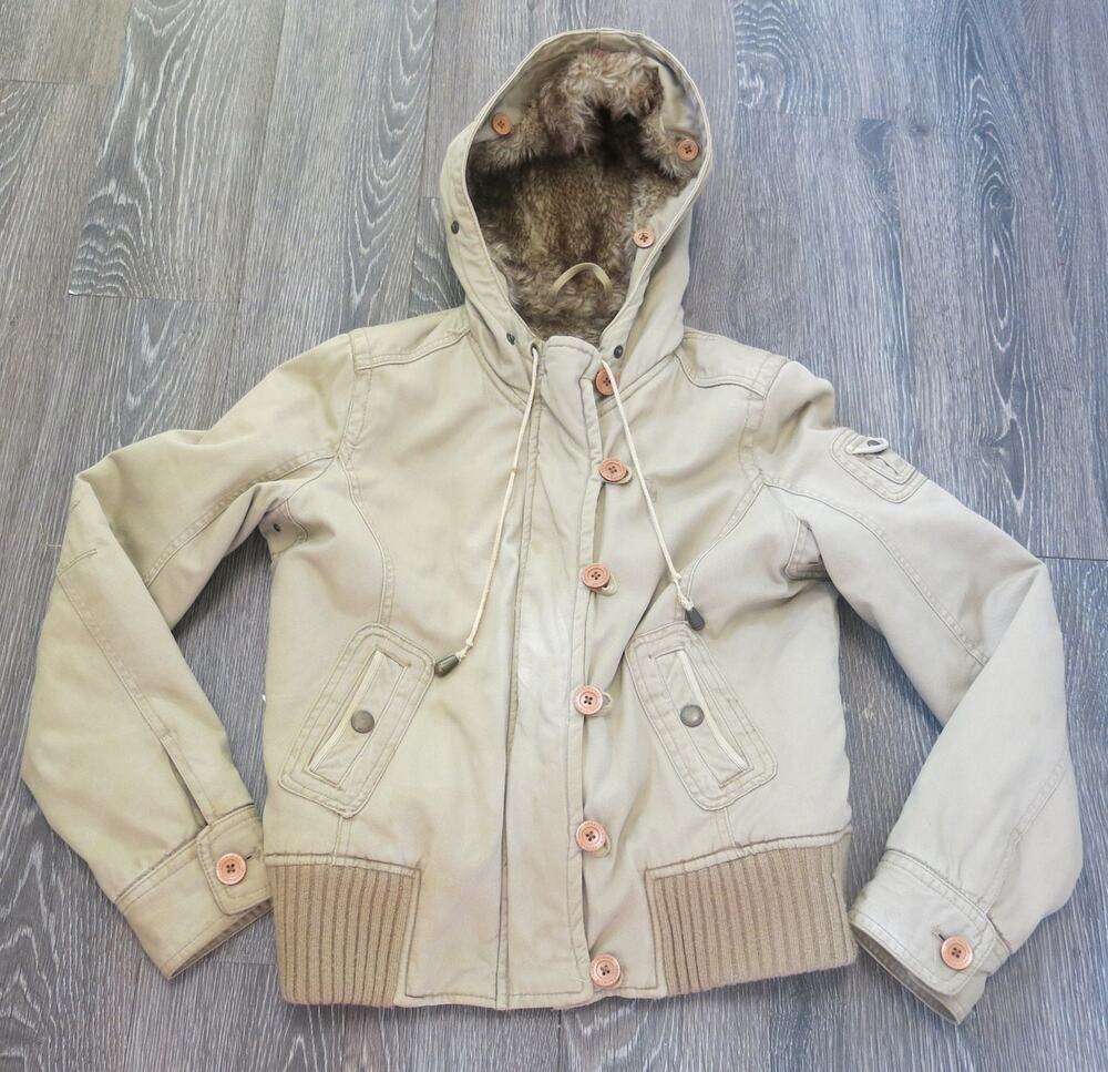 VINTAGE Abercrombie & Fitch Jacket Size M Women Faux Fur Hood Brown Y2K Bomber